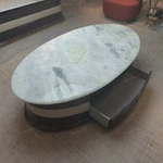 Oval Pale Green Marble Coffee Table with Cream Leather Band and Dark Glossy Wood